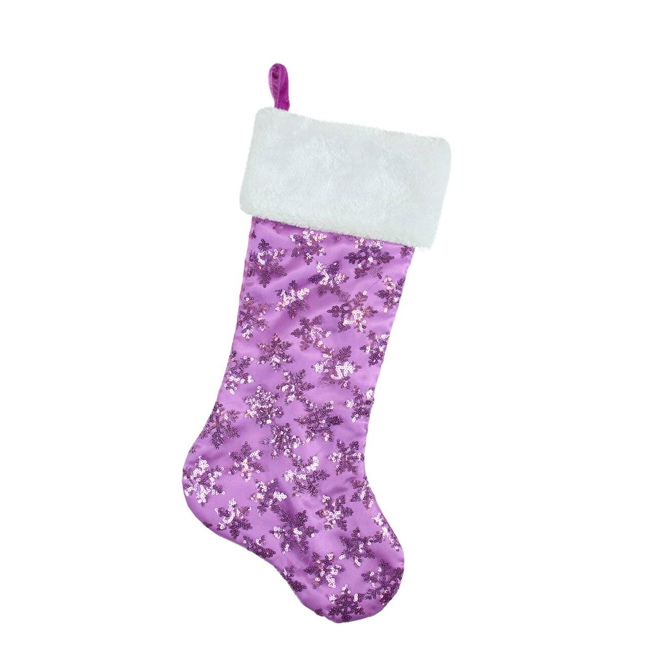 20.5" Sequin Snowflake Stocking with White Faux Fur Cuff, Purple
